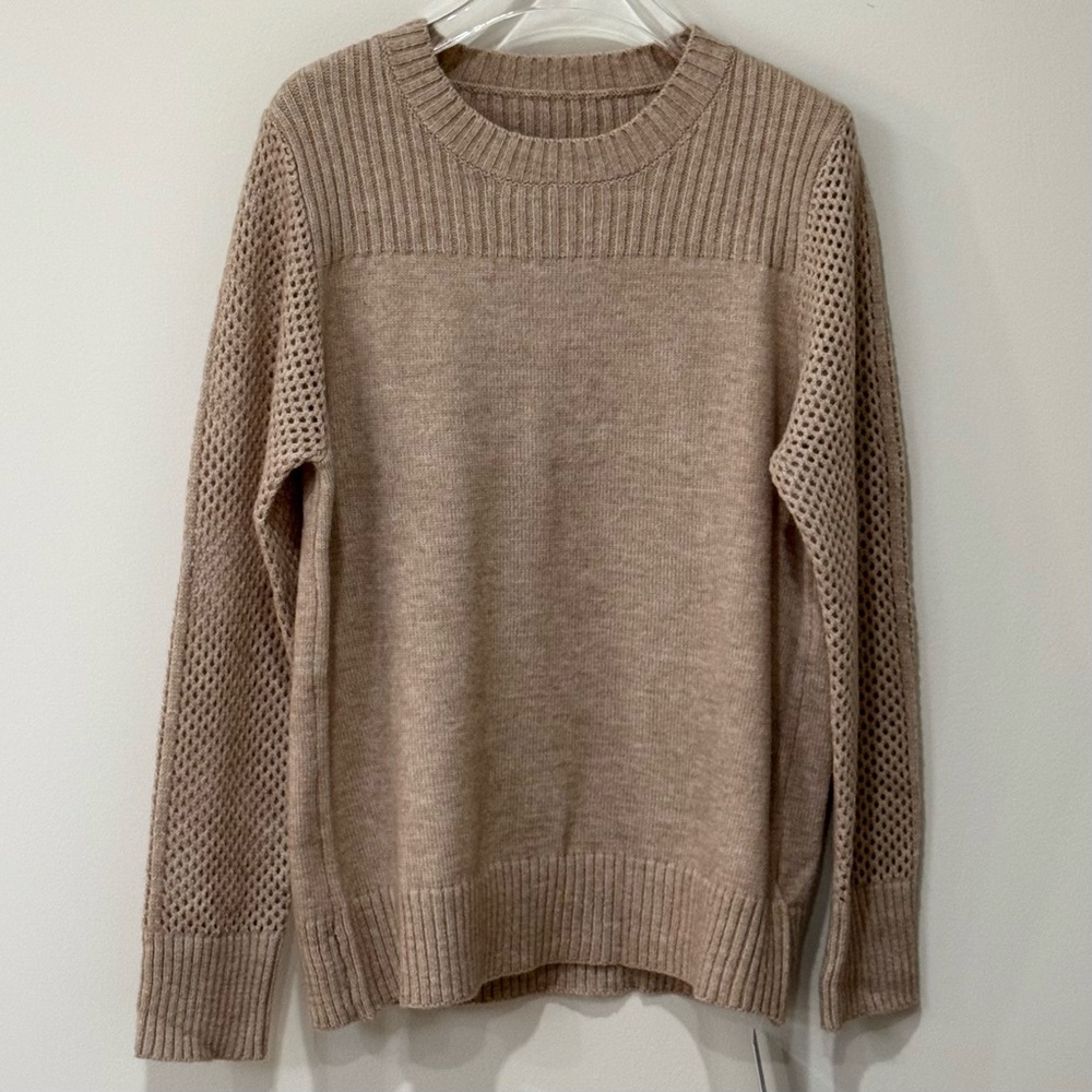 Cupshe Khaki Round Neck Perforated Long Sleeve Sweater - Picture 3 of 9